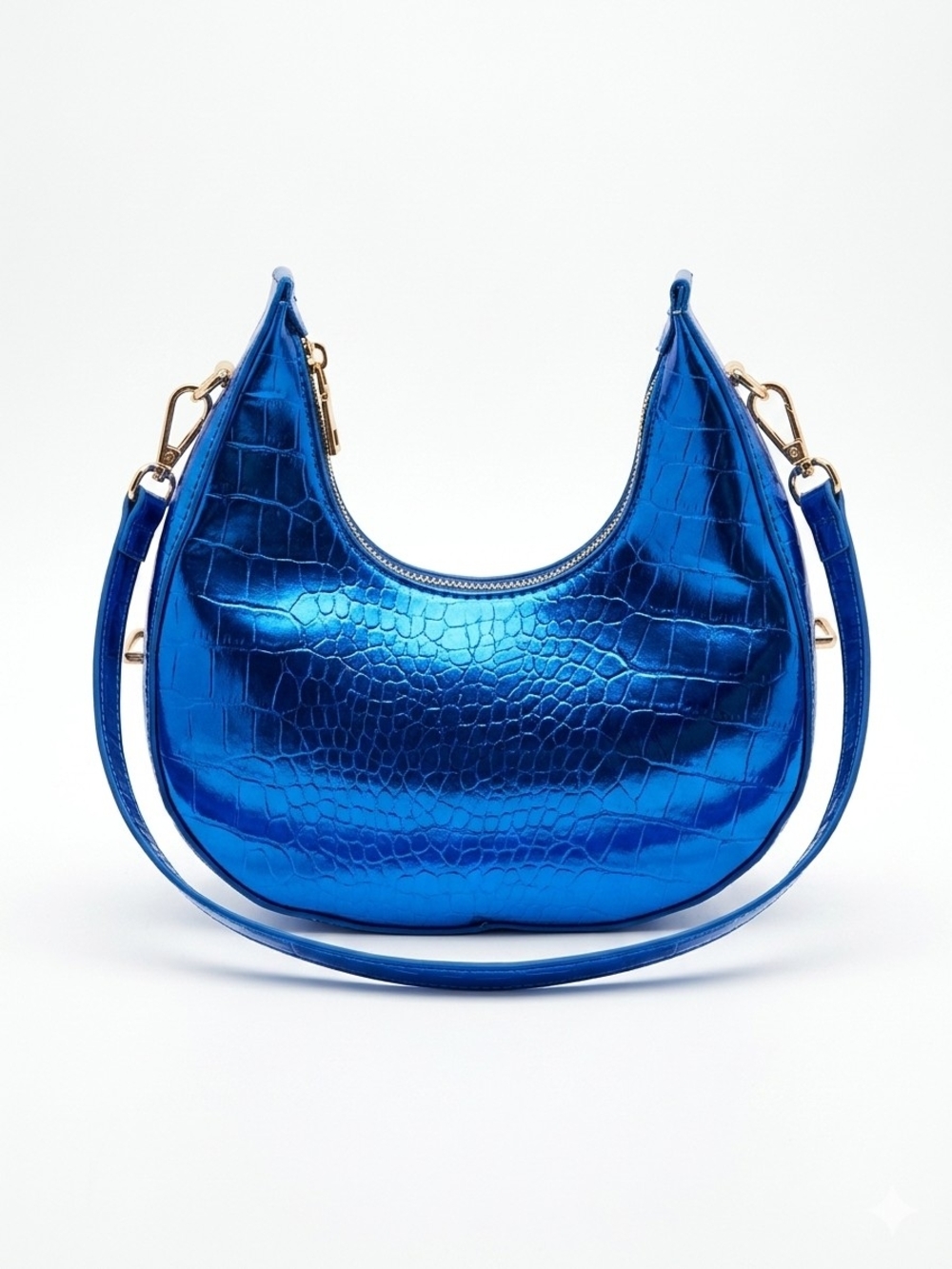 Blue Metallic Croc-Embossed Shoulder Bag